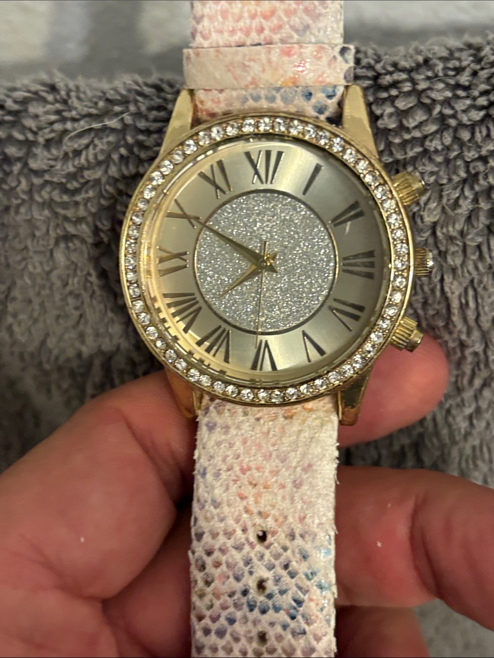 Gold-Tone Women's Watch with Glitter Dial and Pink Snake-Print Strap